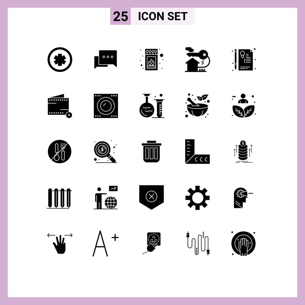 Pictogram Set of 25 Simple Solid Glyphs of sign certificate fire key house Editable Vector Design Elements