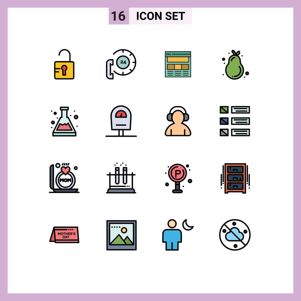 16 Universal Flat Color Filled Lines Set for Web and Mobile Applications acid pear website avocado online Editable Creative Vector Design Elements