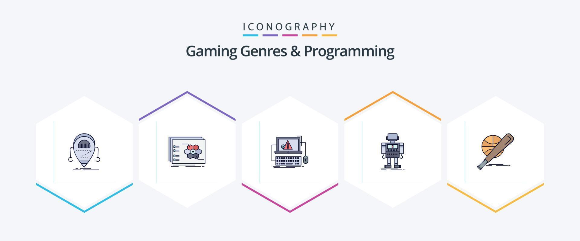 Gaming Genres And Programming 25 FilledLine icon pack including robot. autonomous. tactic. system. error vector