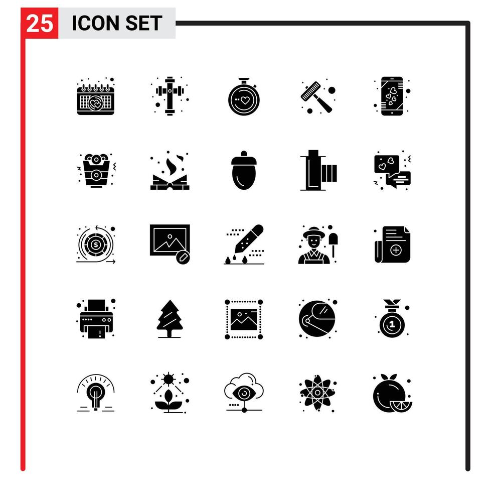 conjunto moderno de 25 glifos y símbolos sólidos, como elementos de diseño de vectores editables de carne de corazón de amor de teléfono inteligente