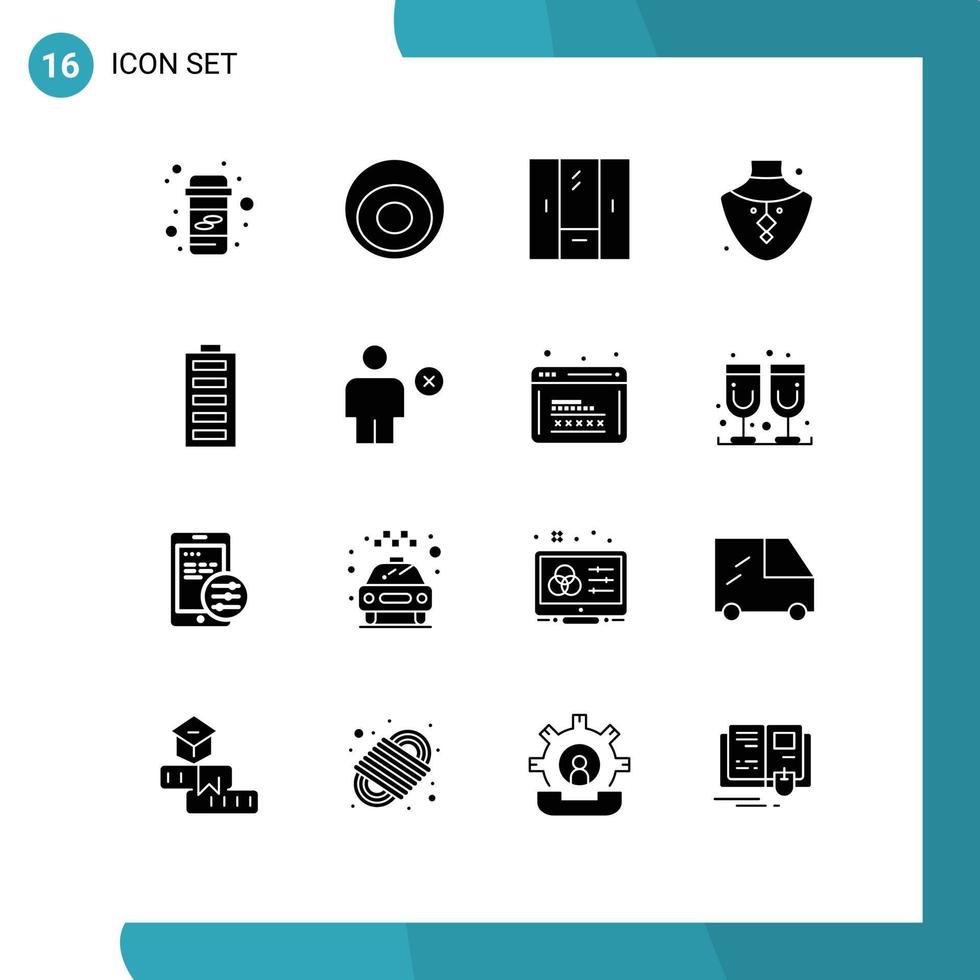 Set of 16 Modern UI Icons Symbols Signs for battery jewelry closet gem wardrobe Editable Vector Design Elements