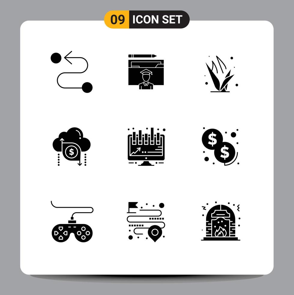 Modern Set of 9 Solid Glyphs and symbols such as analytics arrow grass dollar cloud Editable Vector Design Elements