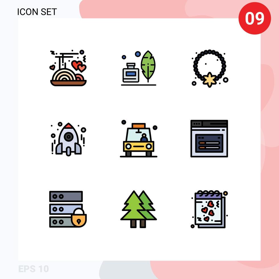 9 paquete de color plano de línea de relleno de interfaz de usuario de signos y símbolos modernos de joyería de cohete de estudio aprender elementos de diseño de vector editables colgantes