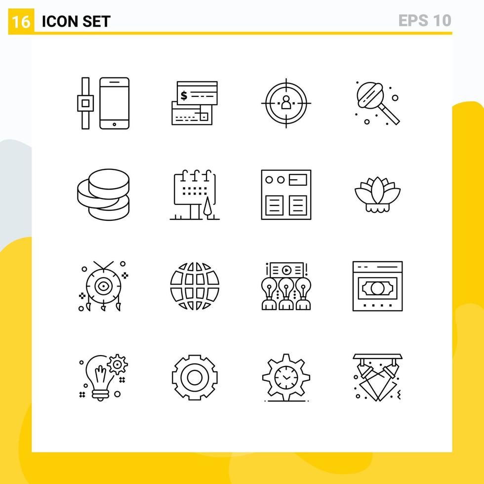 Pack of 16 Modern Outlines Signs and Symbols for Web Print Media such as coins food business candy strategy Editable Vector Design Elements