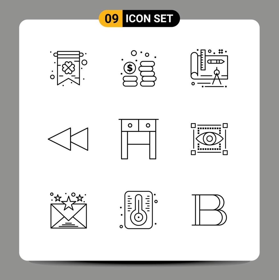 Mobile Interface Outline Set of 9 Pictograms of eye view plan visual drawer Editable Vector Design Elements
