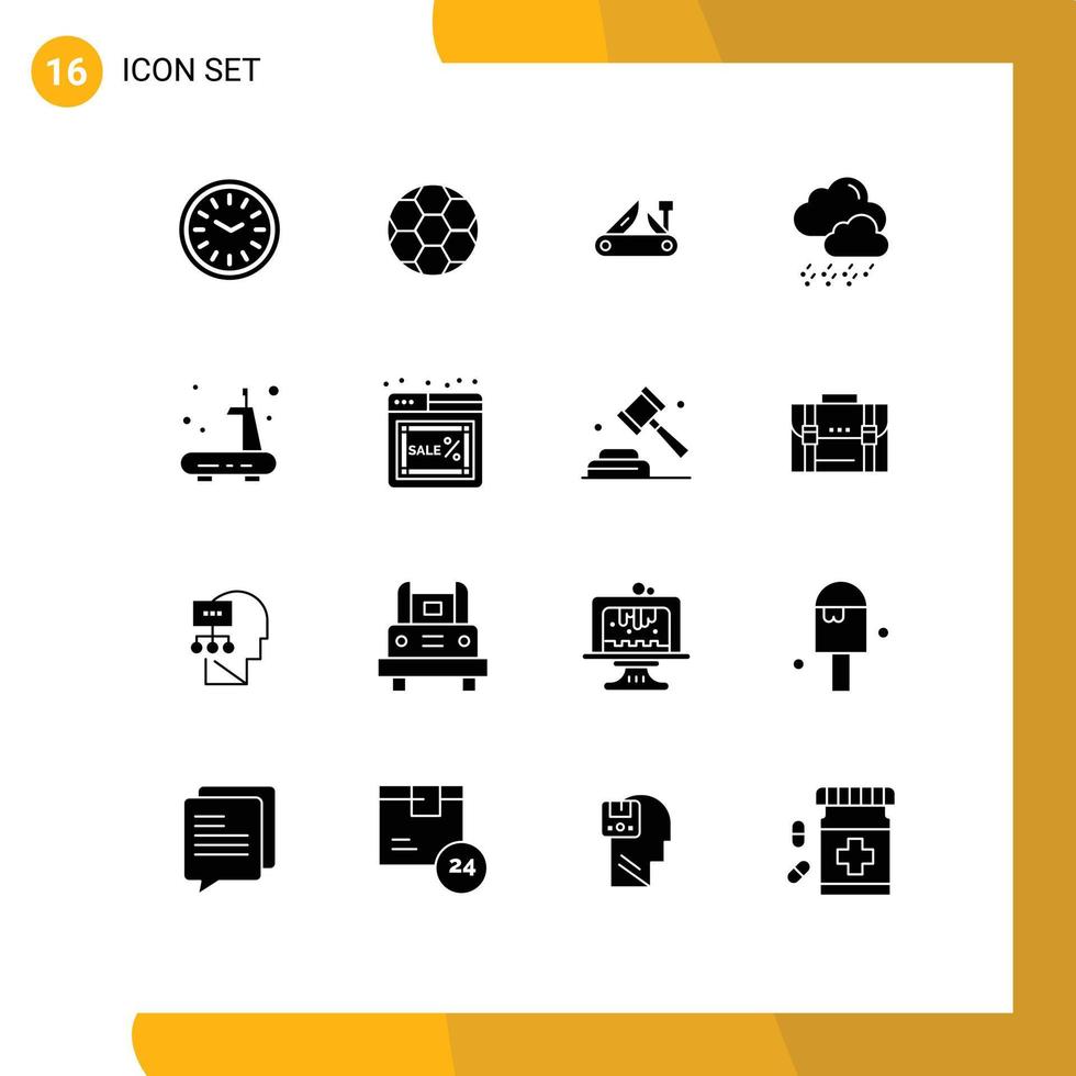 Modern Set of 16 Solid Glyphs Pictograph of exercise weather sport snow pocket knife Editable Vector Design Elements