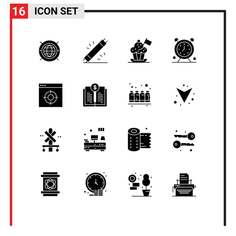 Set of 16 Vector Solid Glyphs on Grid for time clock hardware alarm cooker hat Editable Vector Design Elements