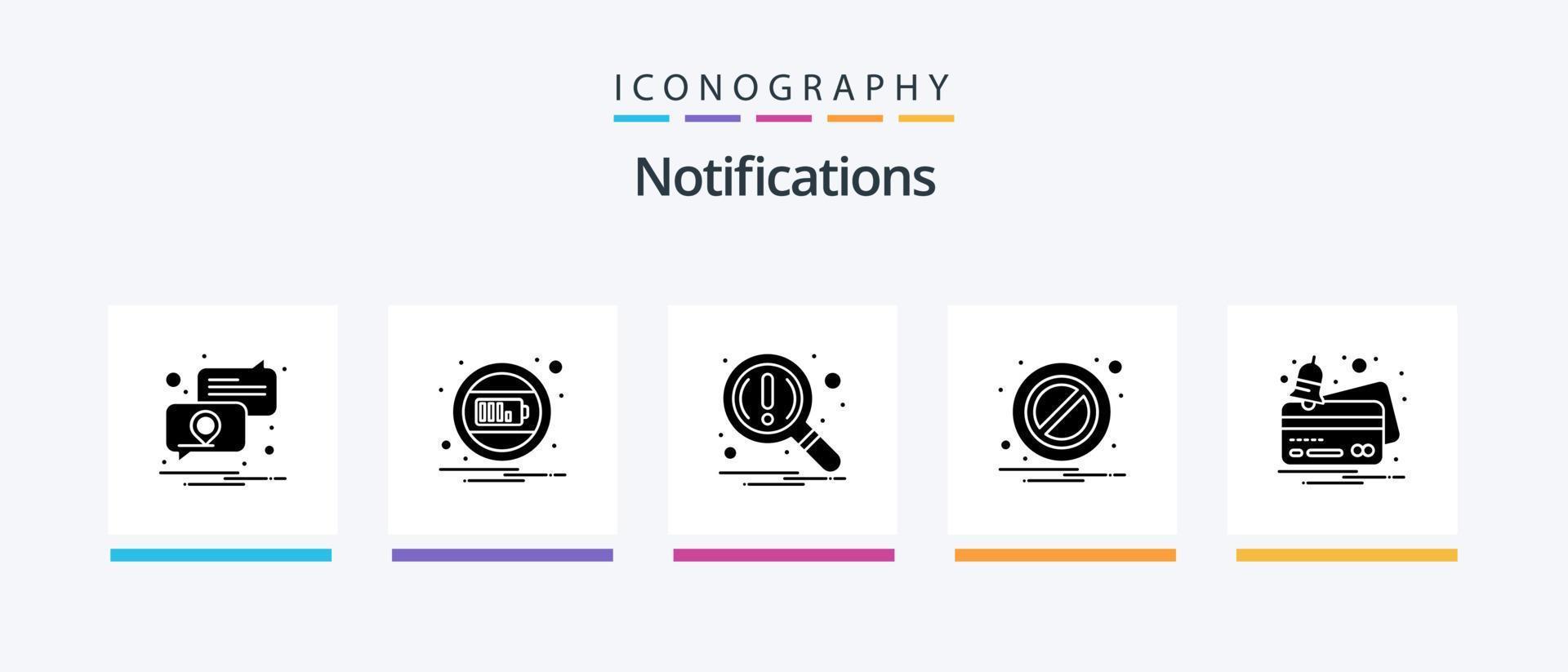 Notifications Glyph 5 Icon Pack Including notification. card. find. warning. block. Creative Icons Design vector