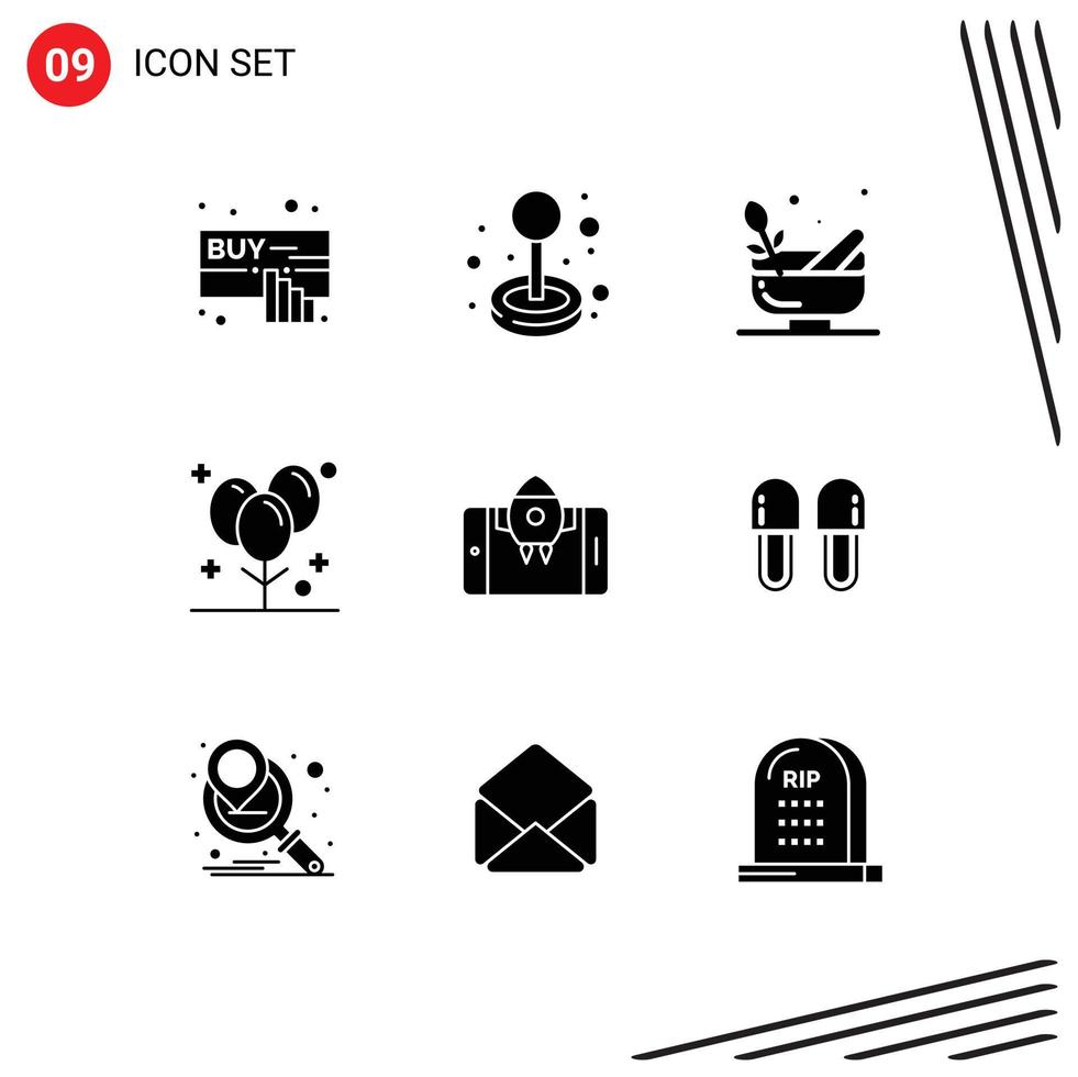 9 Universal Solid Glyphs Set for Web and Mobile Applications app holiday grinding decoration balloons Editable Vector Design Elements