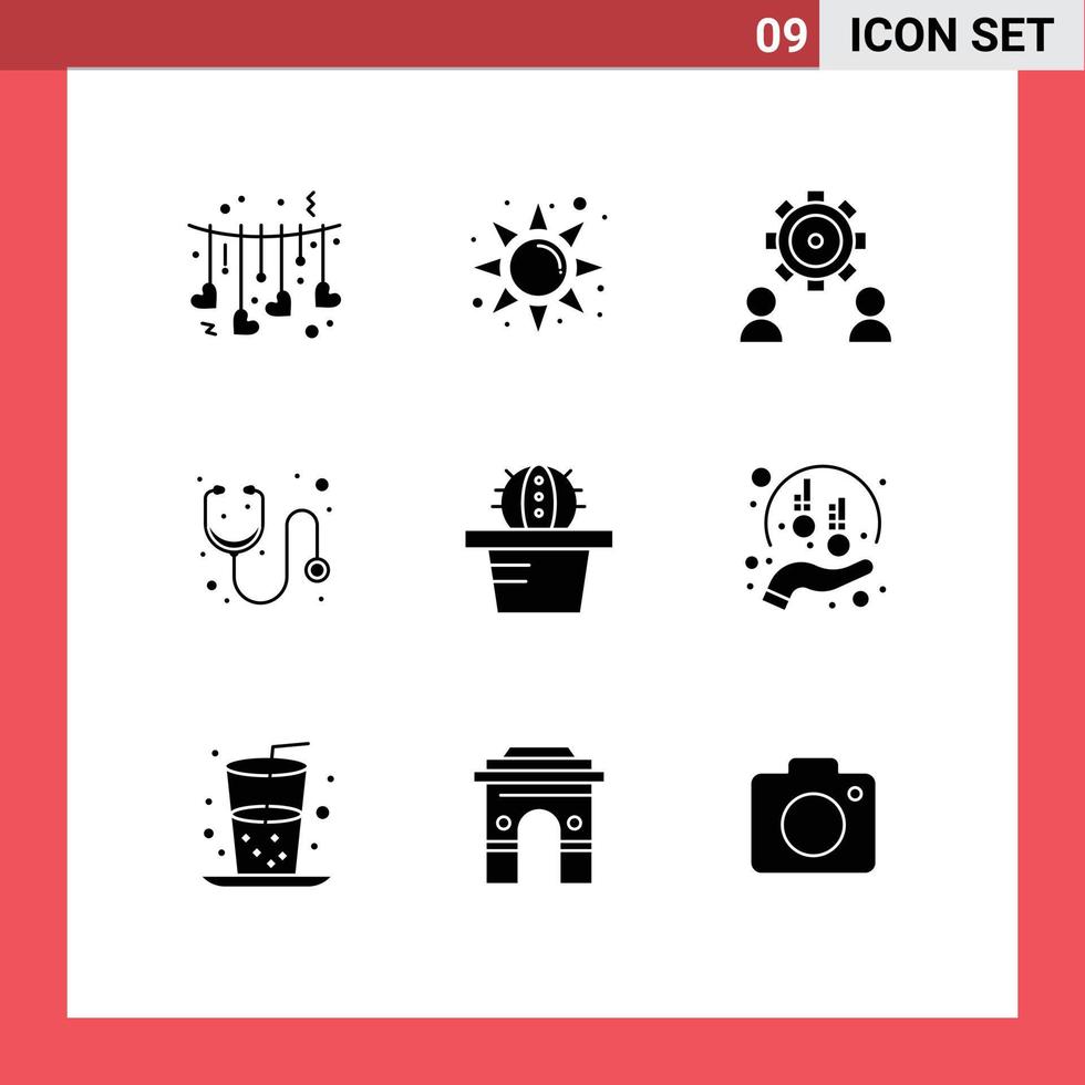 Modern Set of 9 Solid Glyphs Pictograph of pot stethoscope employee medicine doctor Editable Vector Design Elements