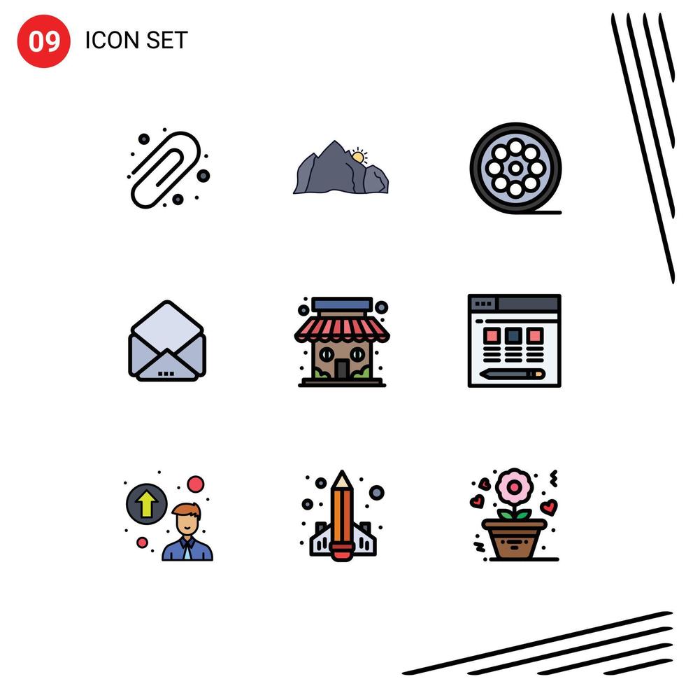 Modern Set of 9 Filledline Flat Colors and symbols such as shop market design open message Editable Vector Design Elements