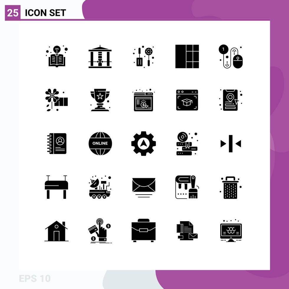 25 User Interface Solid Glyph Pack of modern Signs and Symbols of pay per click click kitchen buy wireframe Editable Vector Design Elements