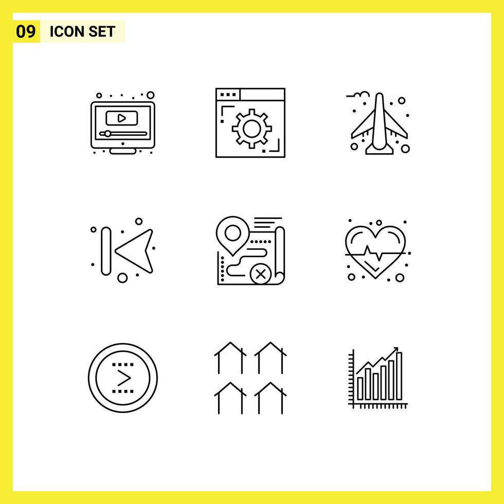 Pack of 9 Modern Outlines Signs and Symbols for Web Print Media such as target map airplane left forward Editable Vector Design Elements