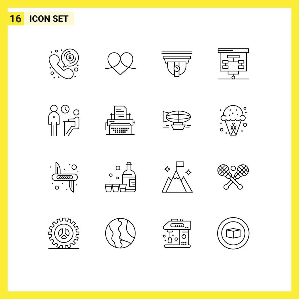 Pack of 16 Modern Outlines Signs and Symbols for Web Print Media such as interview presentation wrapper graphic cam Editable Vector Design Elements