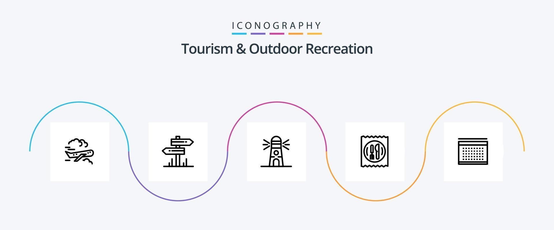 paquete de íconos de la línea 5 de turismo y recreación al aire libre que incluye vacaciones. mesa. faro. cuchillo. comida vector