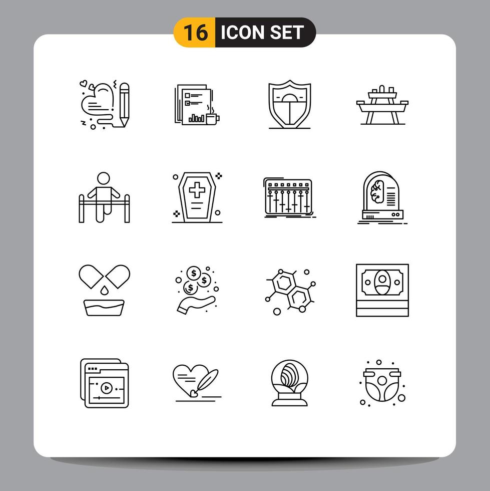 Modern Set of 16 Outlines Pictograph of seat food newspaper bench security Editable Vector Design Elements