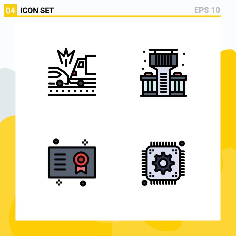 paquete de 4 signos y símbolos de colores planos de línea de relleno modernos para medios de impresión web, como certificado de accidente camión bar diploma elementos de diseño vectorial editables vector