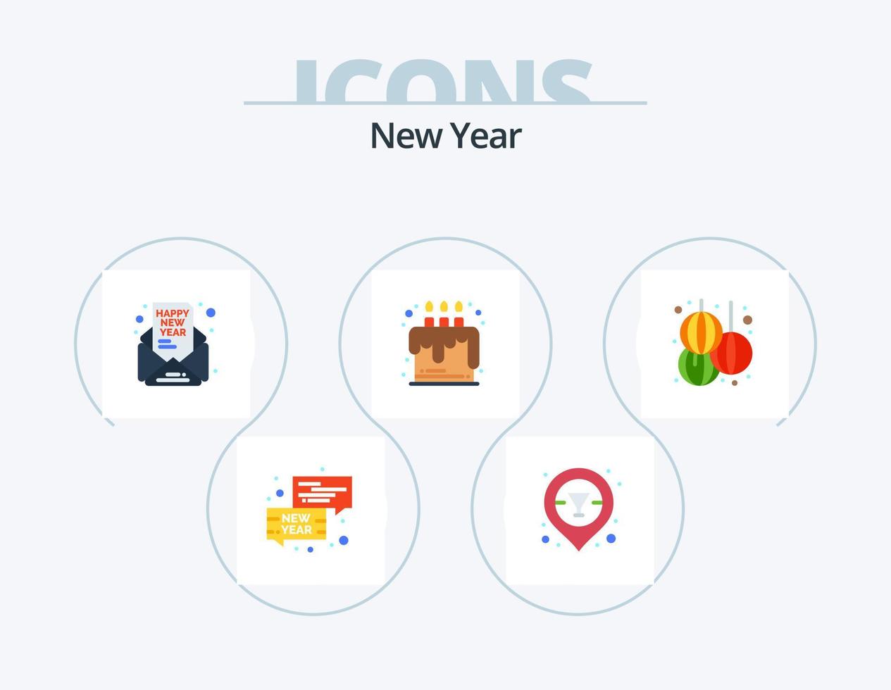 paquete de iconos planos de año nuevo 5 diseño de iconos. linterna. fiesta. invitar. alimento. pastel vector