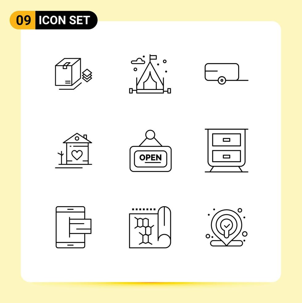 Universal Icon Symbols Group of 9 Modern Outlines of sign marketing trailer hut family Editable Vector Design Elements