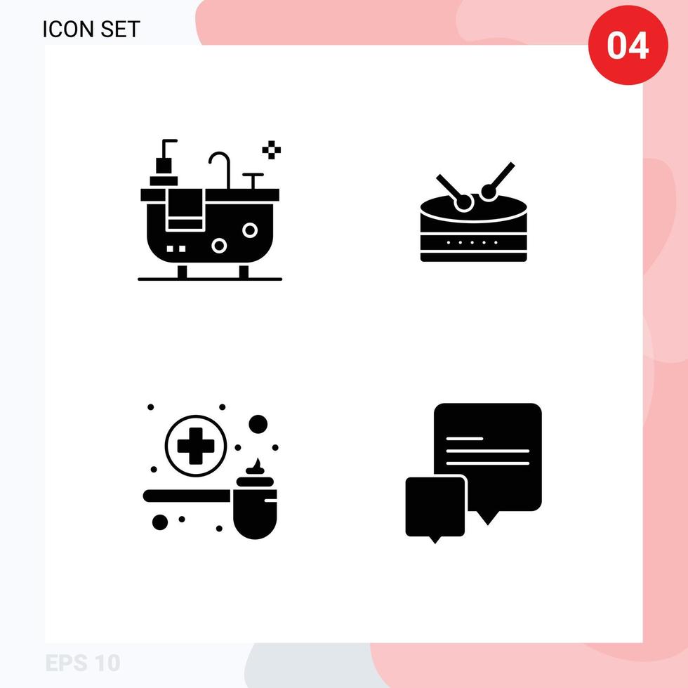 4 Universal Solid Glyphs Set for Web and Mobile Applications bathroom scoop drum feeding conversation Editable Vector Design Elements