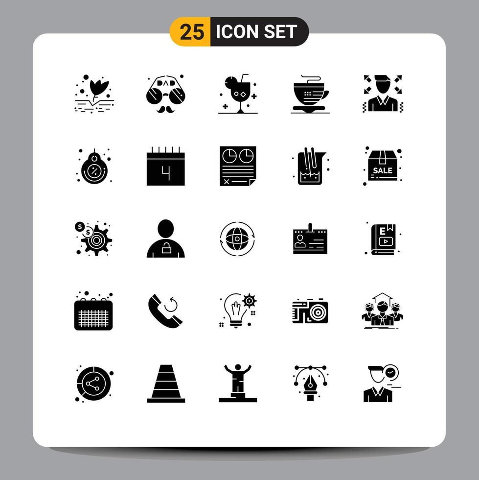 Set of 25 Vector Solid Glyphs on Grid for businessman cup fathers day tea glass Editable Vector Design Elements