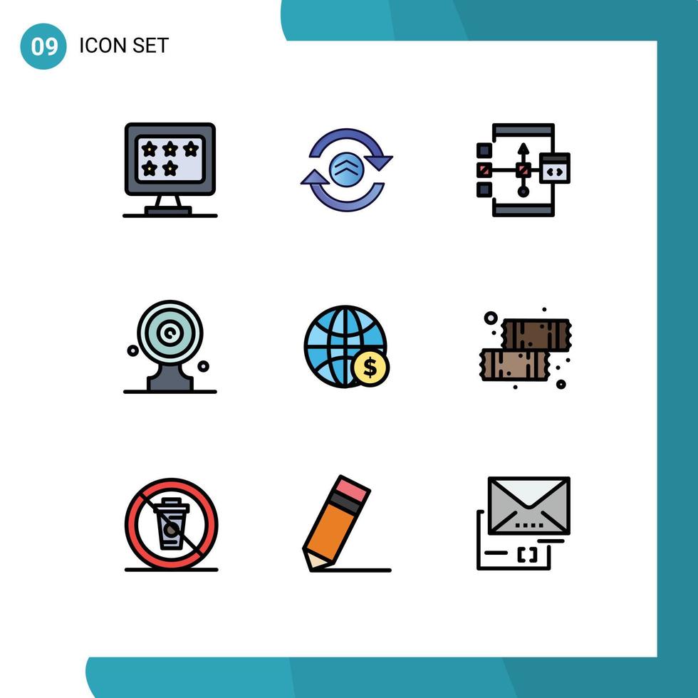 9 Universal Filledline Flat Color Signs Symbols of target board media target app focus board flowchart Editable Vector Design Elements