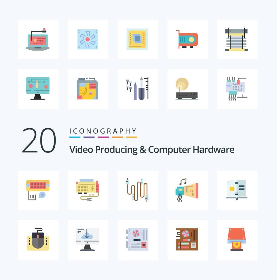 20 Video Producing And Computer Hardware Flat Color icon Pack like music device source blaster communication vector