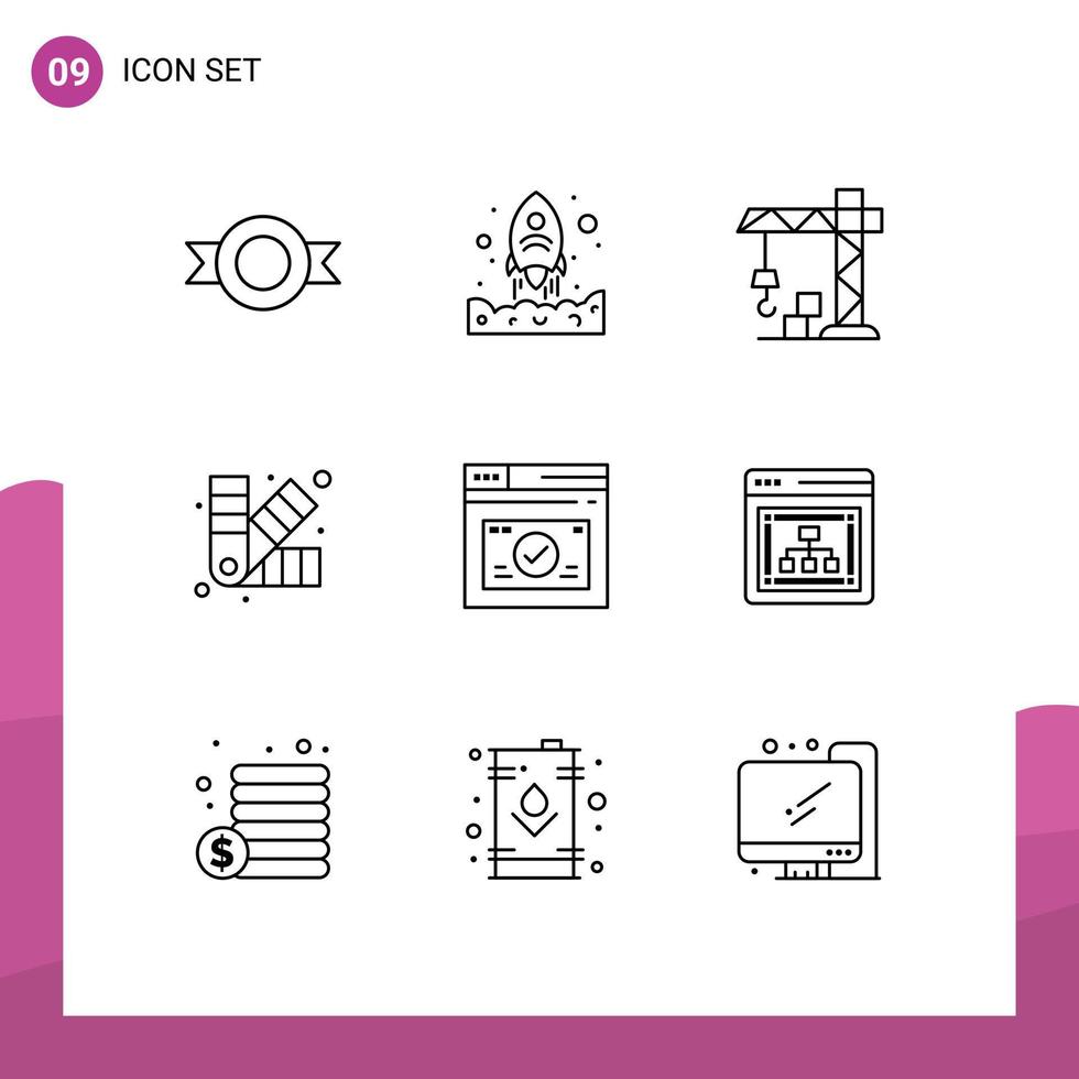 Group of 9 Outlines Signs and Symbols for website secure construction page art Editable Vector Design Elements