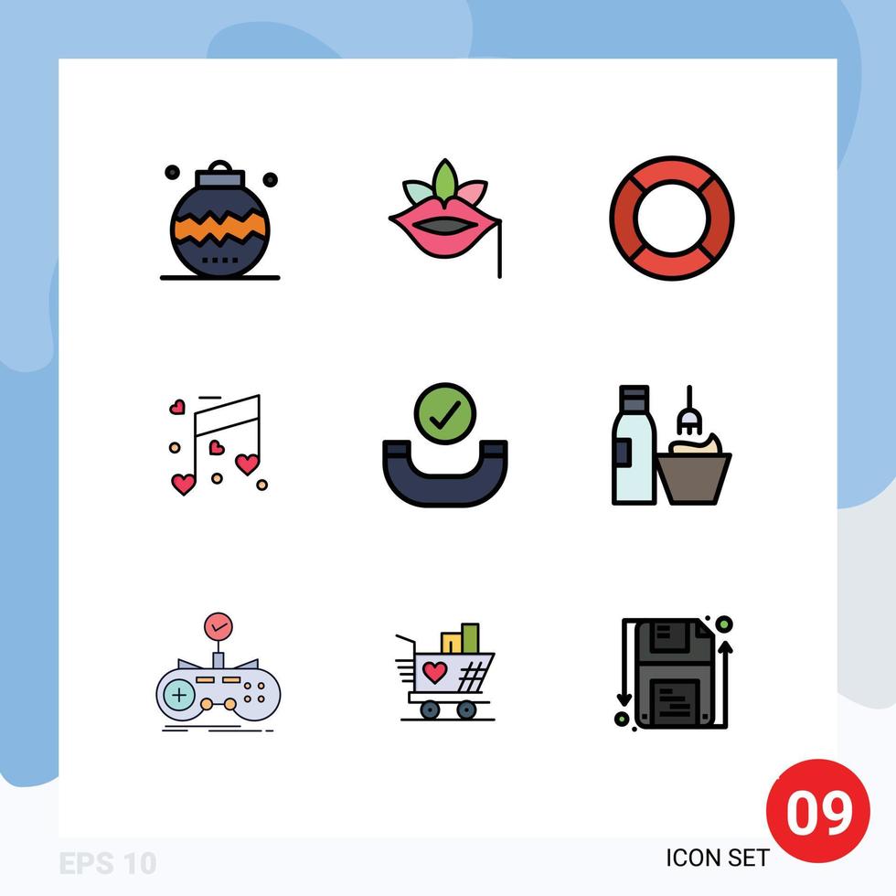 Pack of 9 Modern Filledline Flat Colors Signs and Symbols for Web Print Media such as heart music rose ux help Editable Vector Design Elements