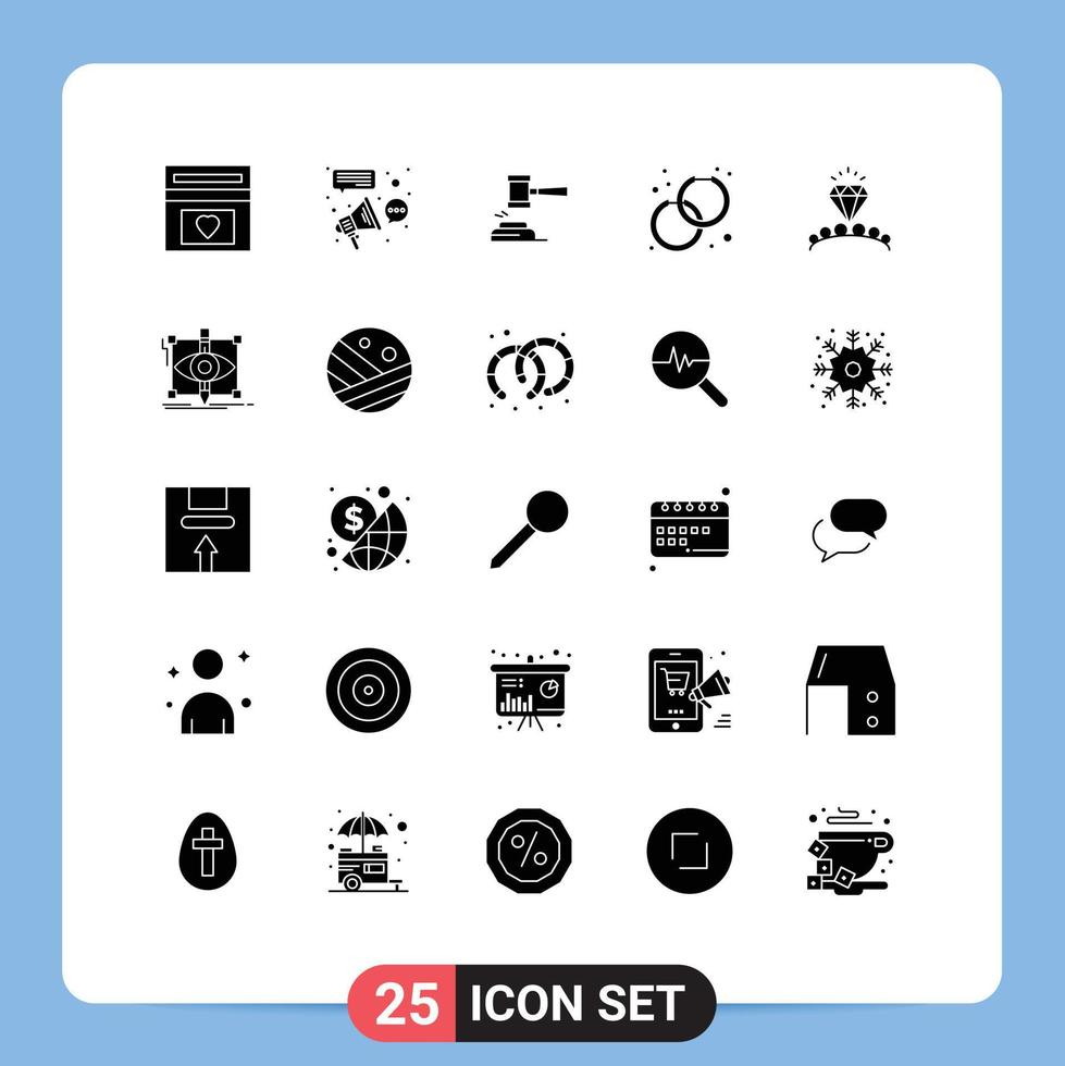 25 Thematic Vector Solid Glyphs and Editable Symbols of legal judge campaign hammer court Editable Vector Design Elements