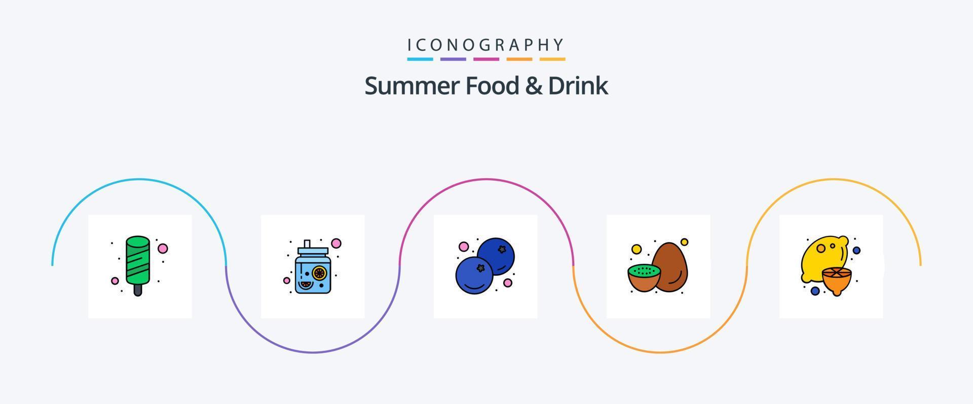 la línea de alimentos y bebidas de verano llenó el paquete de iconos planos 5 que incluye saludable. kiwi. azul. saludable. Fruta vector