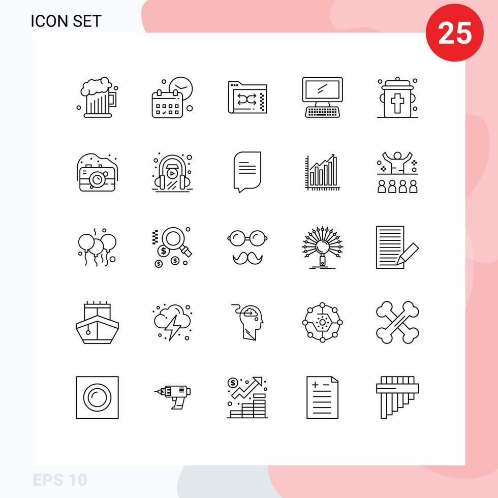 Modern Set of 25 Lines Pictograph of keyboard monitor job computer folder Editable Vector Design Elements