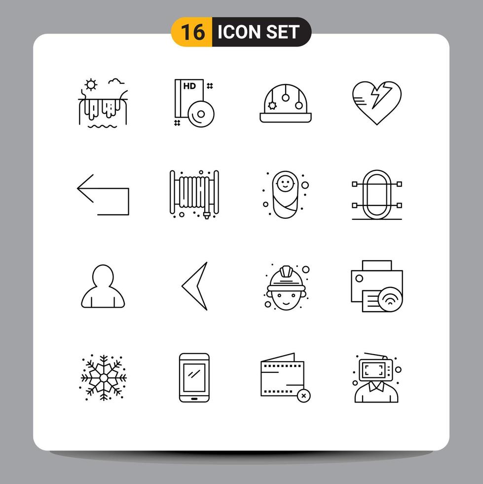Pack of 16 Modern Outlines Signs and Symbols for Web Print Media such as left arrow dvd care healthcare Editable Vector Design Elements