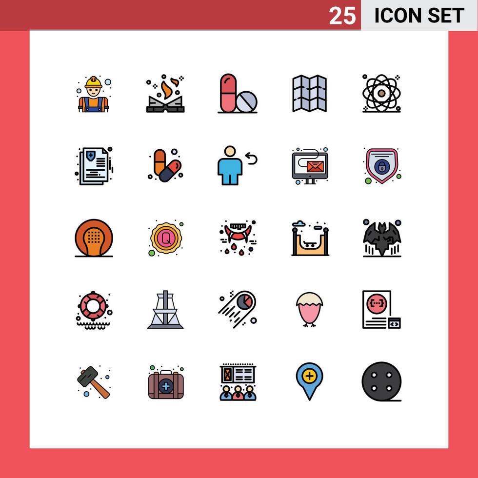 25 Universal Filled line Flat Colors Set for Web and Mobile Applications nuclear energy medicine atom location Editable Vector Design Elements