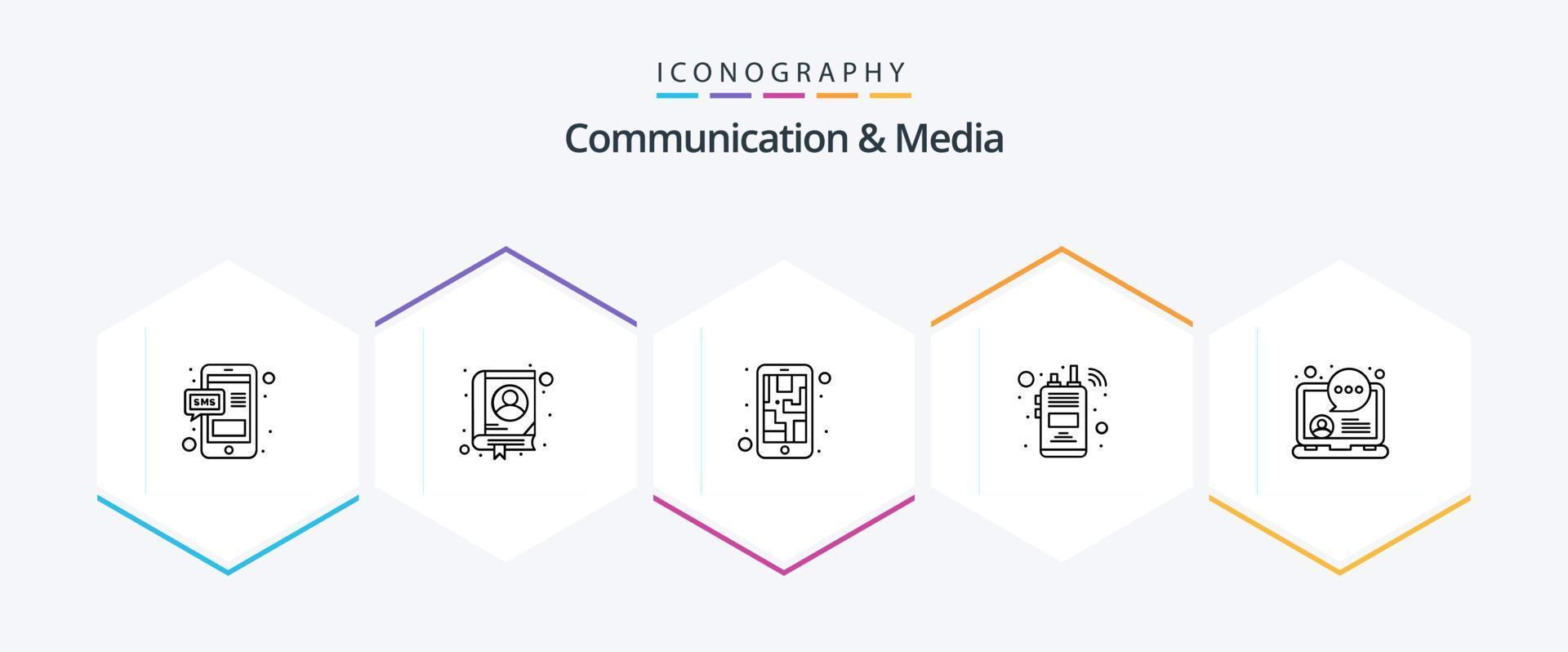 paquete de iconos de 25 líneas de comunicación y medios que incluye medios. charla en línea móvil. walkie-talkie teléfono inalámbrico vector