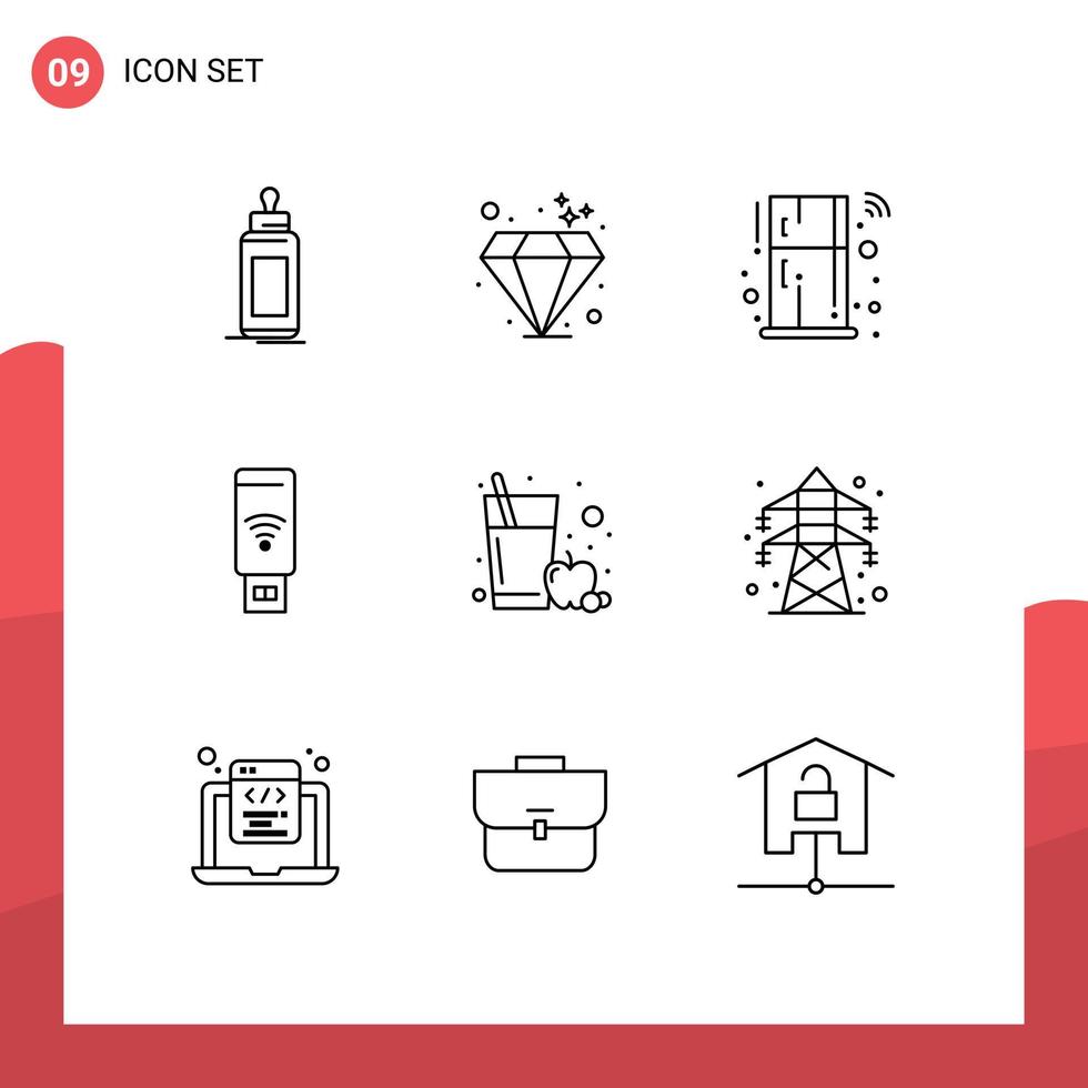 Modern Set of 9 Outlines and symbols such as fruit juice signal fridge servise usb Editable Vector Design Elements