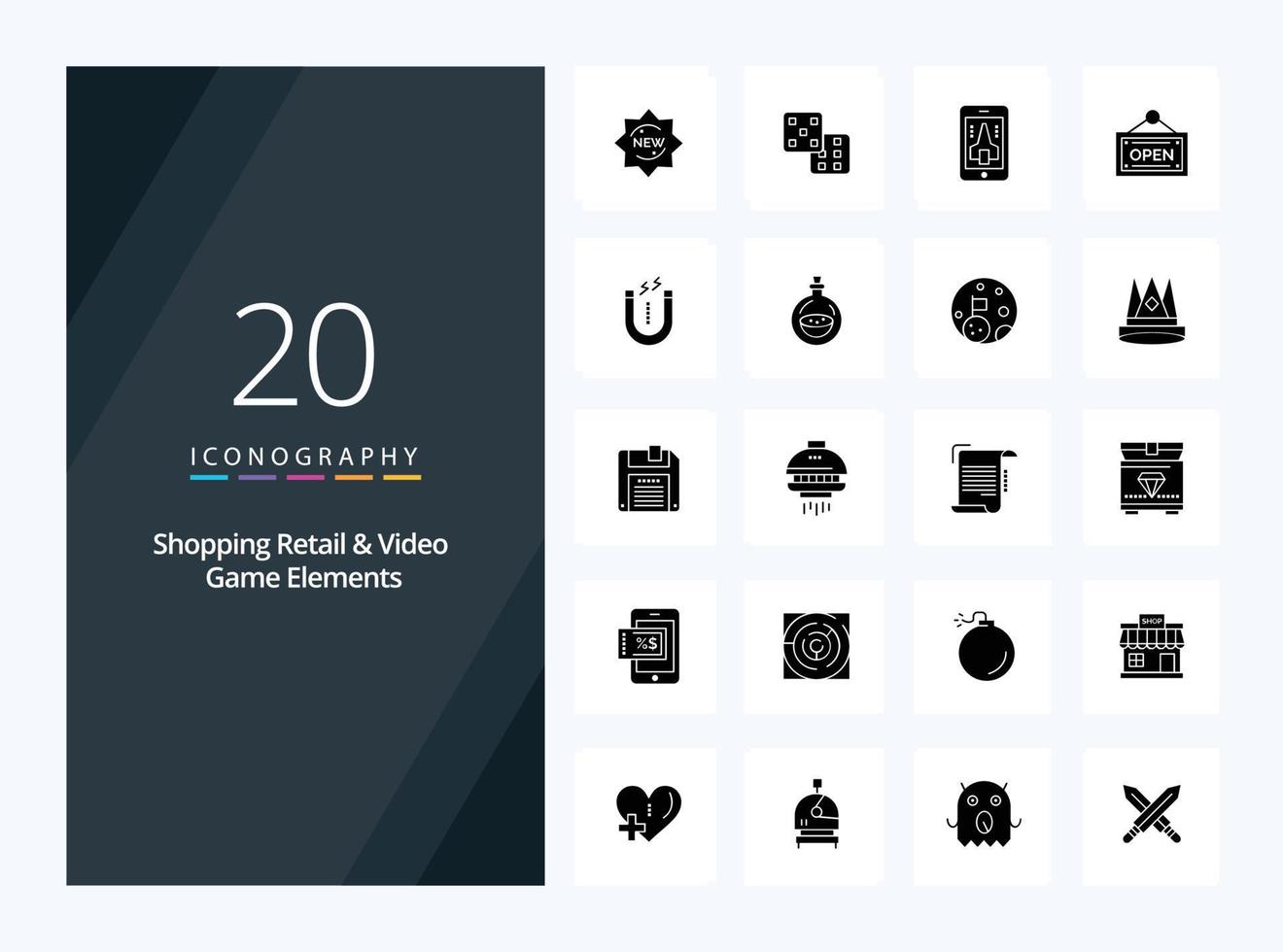 20 Shoping Retail And Video Game Elements Solid Glyph icon for presentation vector