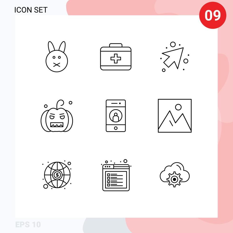 9 símbolos de signos de contorno universal de elementos de diseño de vector editables de calabaza de amigo derecho de medios telefónicos
