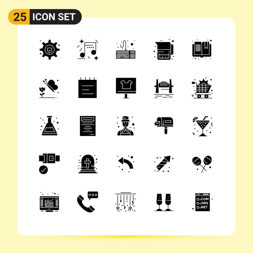 25 Universal Solid Glyph Signs Symbols of reading open hardware book milk Editable Vector Design Elements