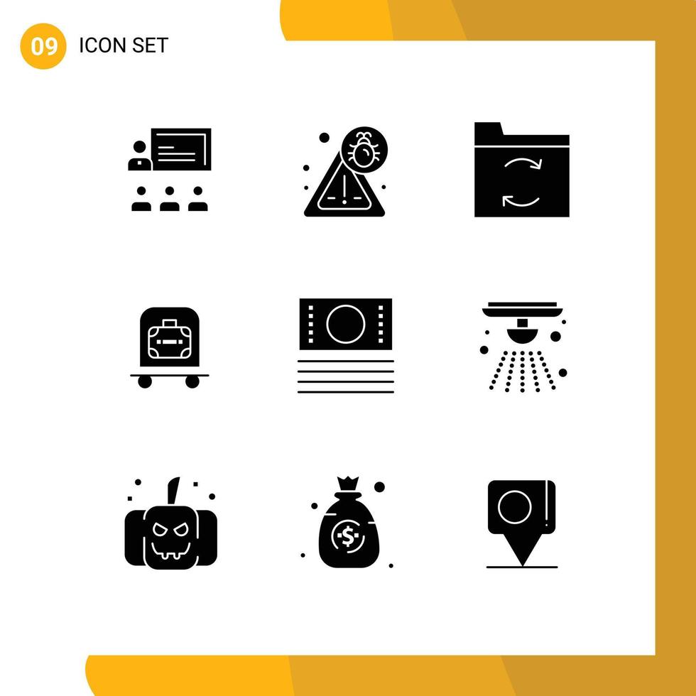 9 User Interface Solid Glyph Pack of modern Signs and Symbols of shop cash backup bag luggage Editable Vector Design Elements