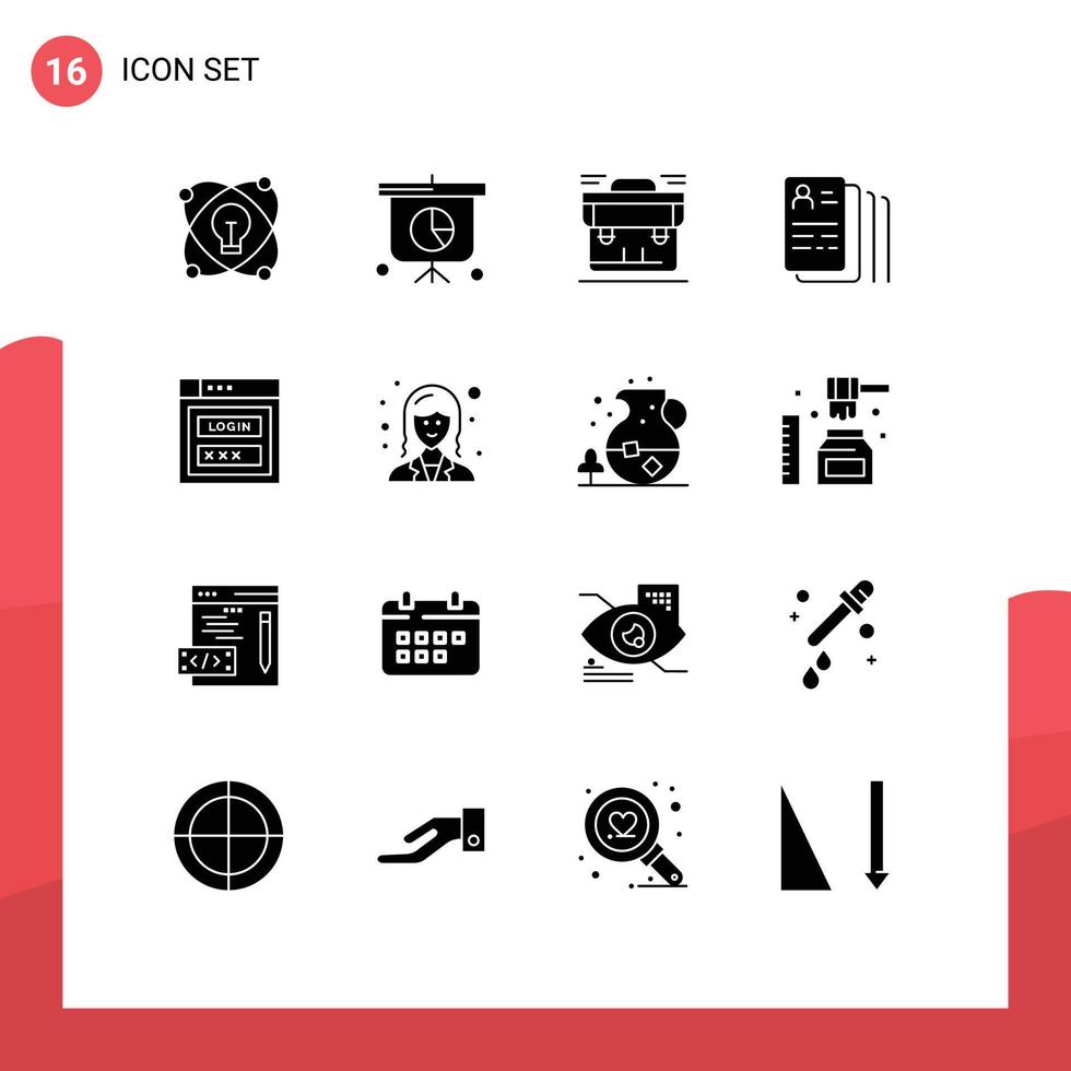 Modern Set of 16 Solid Glyphs Pictograph of password search business job document Editable Vector Design Elements