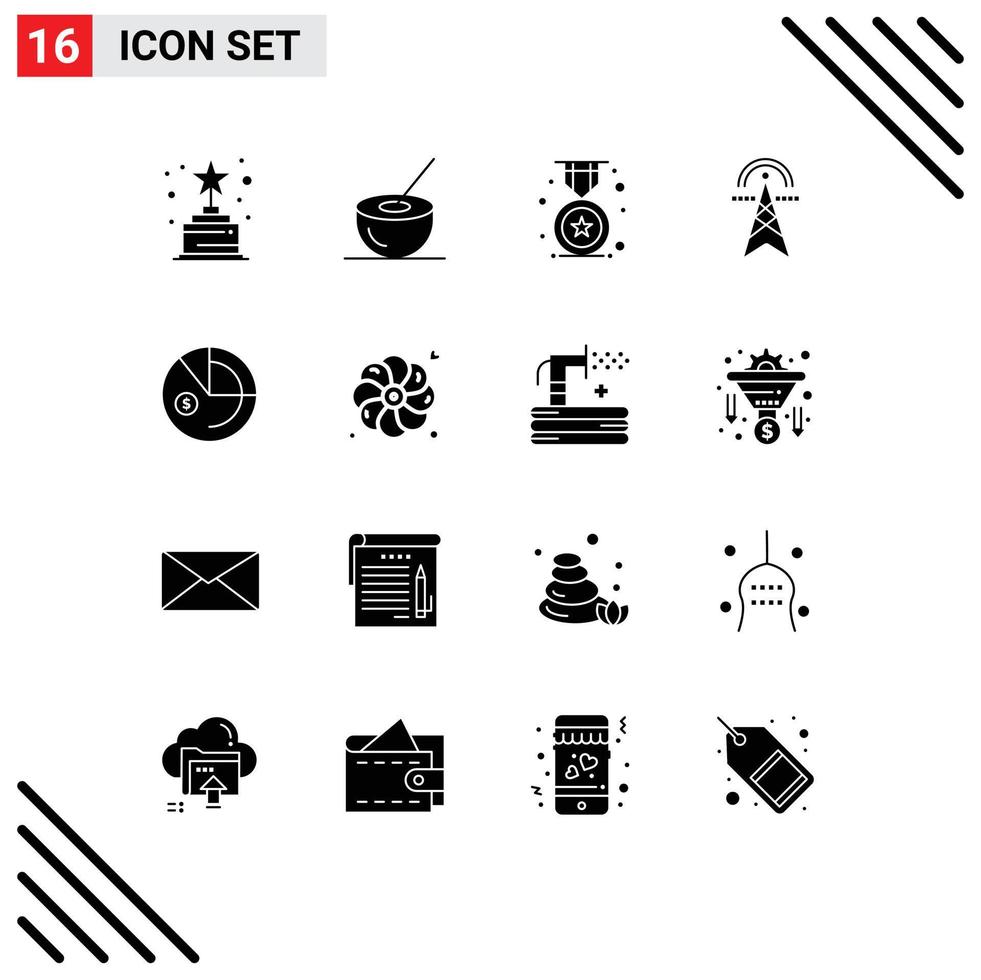 16 Universal Solid Glyph Signs Symbols of analysis tower award power electric tower Editable Vector Design Elements