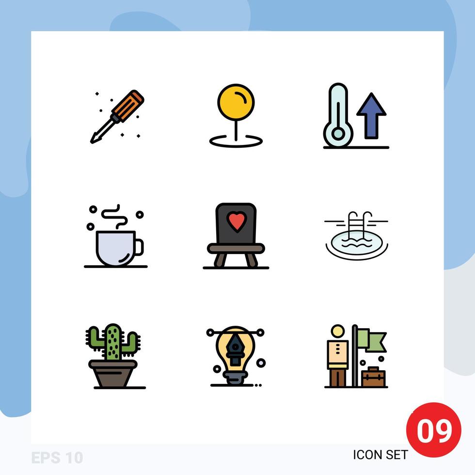 símbolos de iconos universales grupo de 9 colores planos de línea de llenado modernos de tiempo de silla meteorología cup break elementos de diseño vectorial editables vector