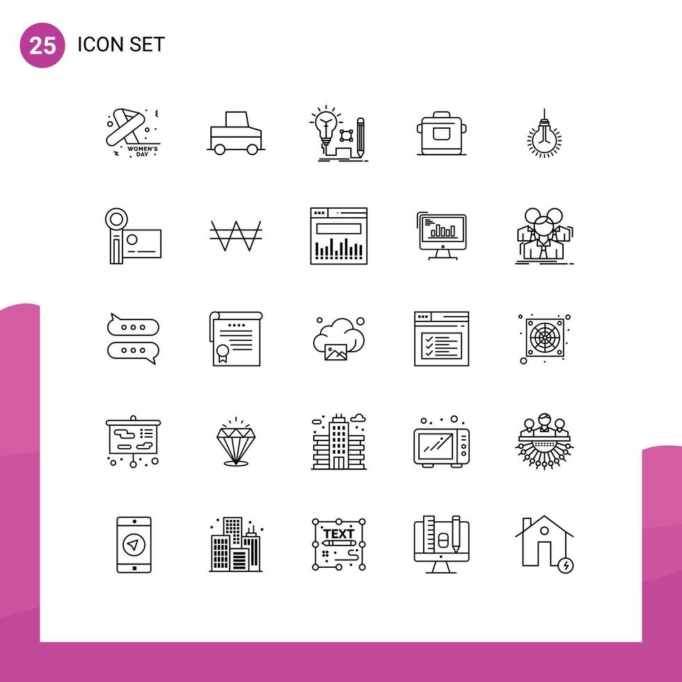 25 User Interface Line Pack of modern Signs and Symbols of bulb hotel insight rice cooker Editable Vector Design Elements