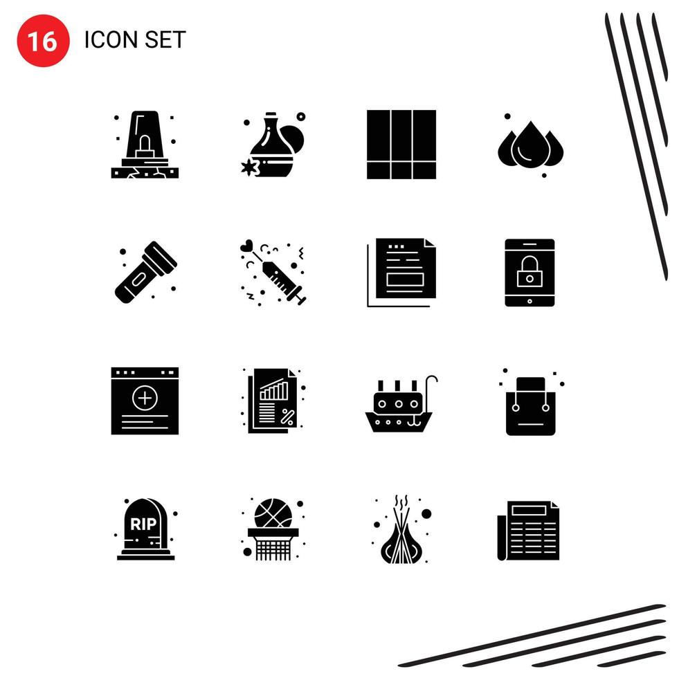 Set of 16 Modern UI Icons Symbols Signs for torch flashlight grid layout camping rainy Editable Vector Design Elements