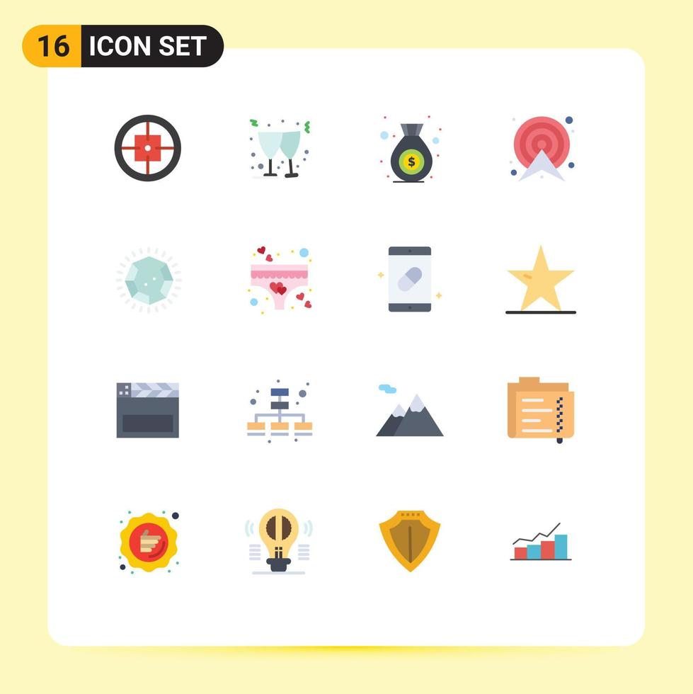 paquete de 16 signos y símbolos modernos de colores planos para medios de impresión web, como el mapa de bolsa de ruta de gemas, paquete editable de elementos de diseño de vectores creativos