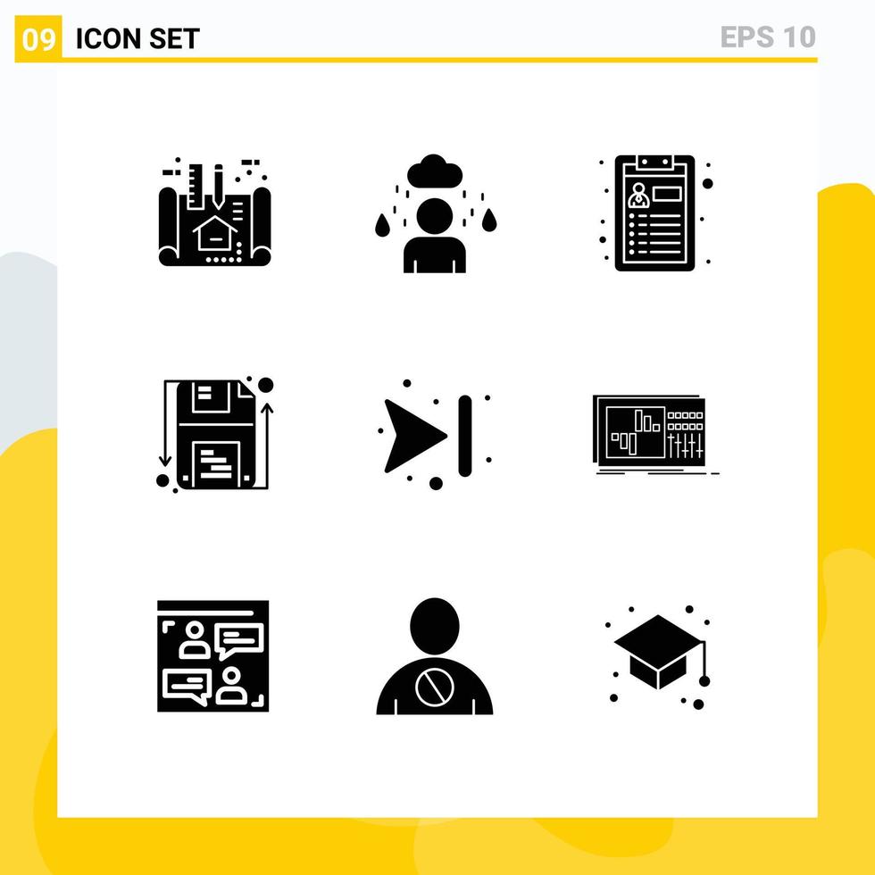 Set of 9 Vector Solid Glyphs on Grid for control forward job arrows save Editable Vector Design Elements