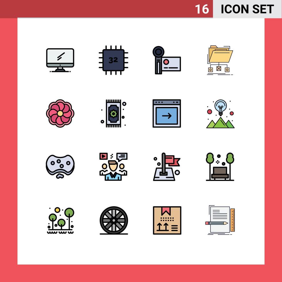 Group of 16 Flat Color Filled Lines Signs and Symbols for files backup gadget video camera handycam Editable Creative Vector Design Elements