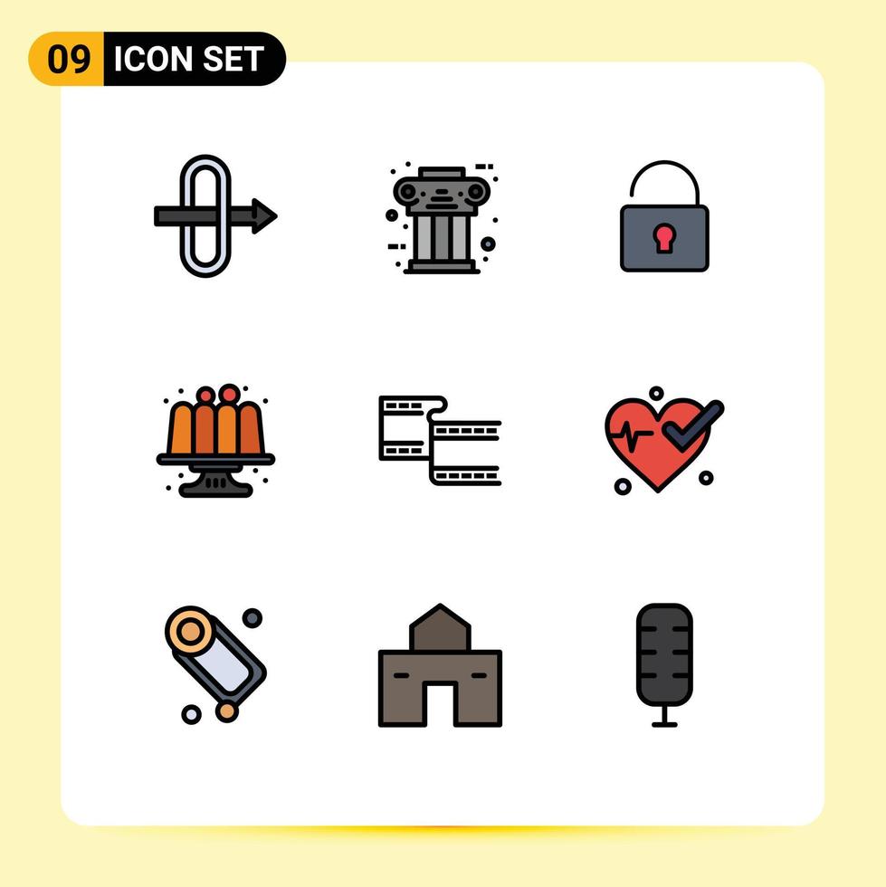 9 Creative Icons Modern Signs and Symbols of medical movi lock filam cake Editable Vector Design Elements