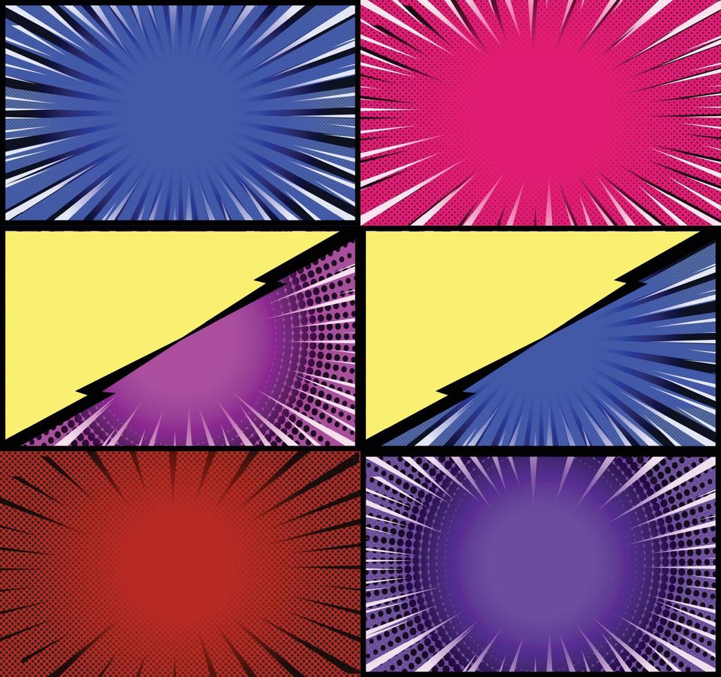 Comic book colorful frames background with halftone rays radial and dotted effects pop art style vector